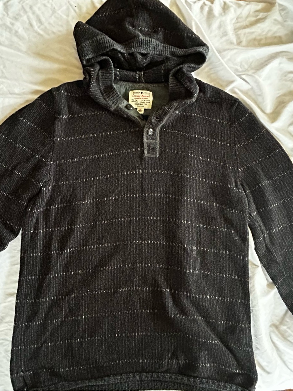 Lucky Brand Men's Black Hooded Sweater with Subtle Gray Stripe